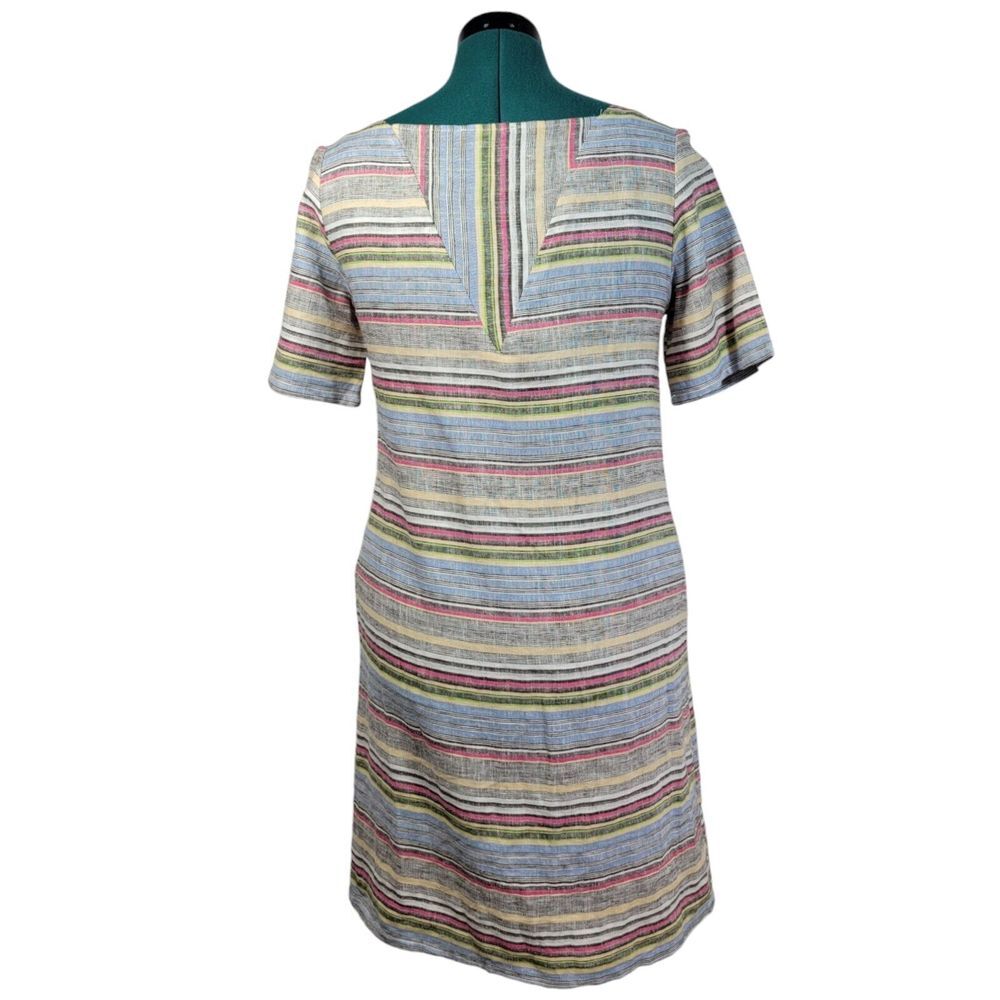 FOR CYNTHIA Striped Square Neck Short Sleeve Linen Cotton Blend Shift Dress S - Picture 3 of 9